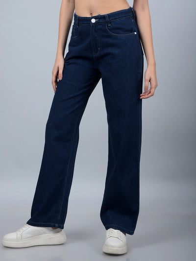 Navy Blue Wide-Leg 100% Cotton Jeans-Women Jeans-Crimsoune Club