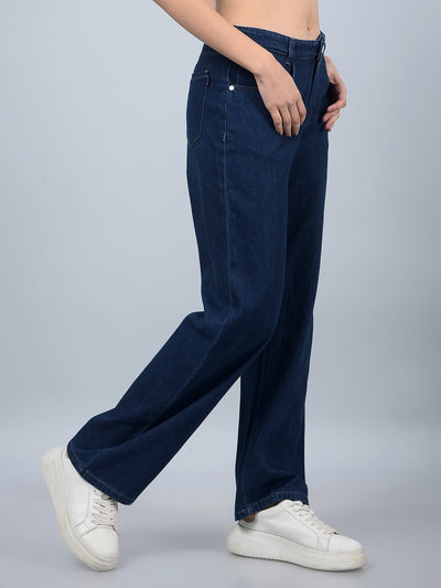 Navy Blue Wide-Leg 100% Cotton Jeans-Women Jeans-Crimsoune Club