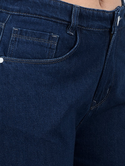 Navy Blue Wide-Leg 100% Cotton Jeans-Women Jeans-Crimsoune Club