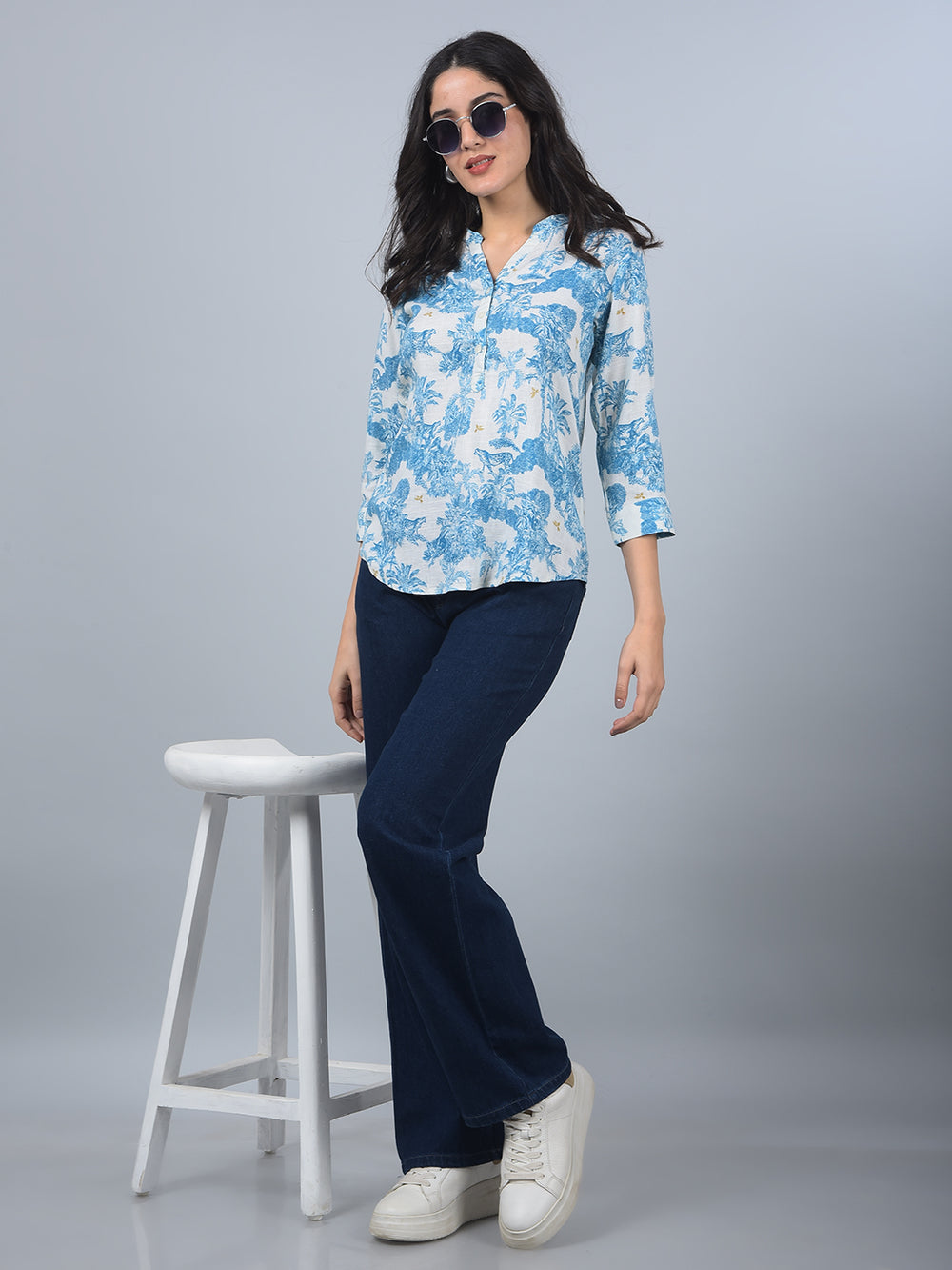 Navy Blue Wide-Leg 100% Cotton Jeans-Women Jeans-Crimsoune Club