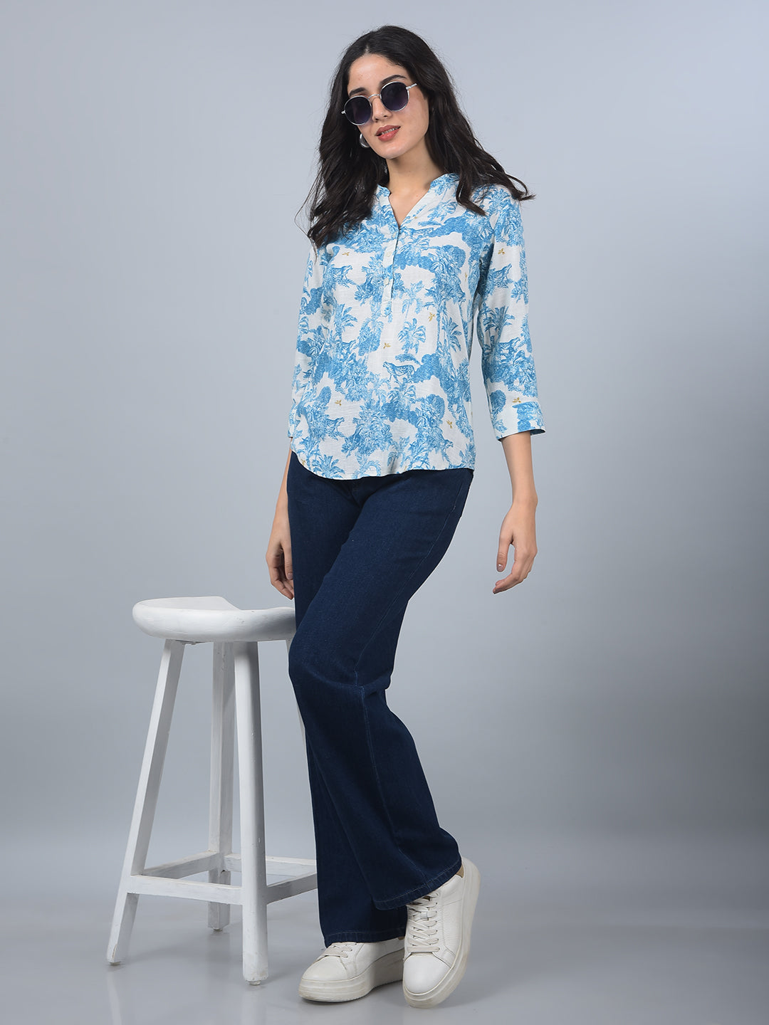 Navy Blue Wide-Leg 100% Cotton Jeans-Women Jeans-Crimsoune Club
