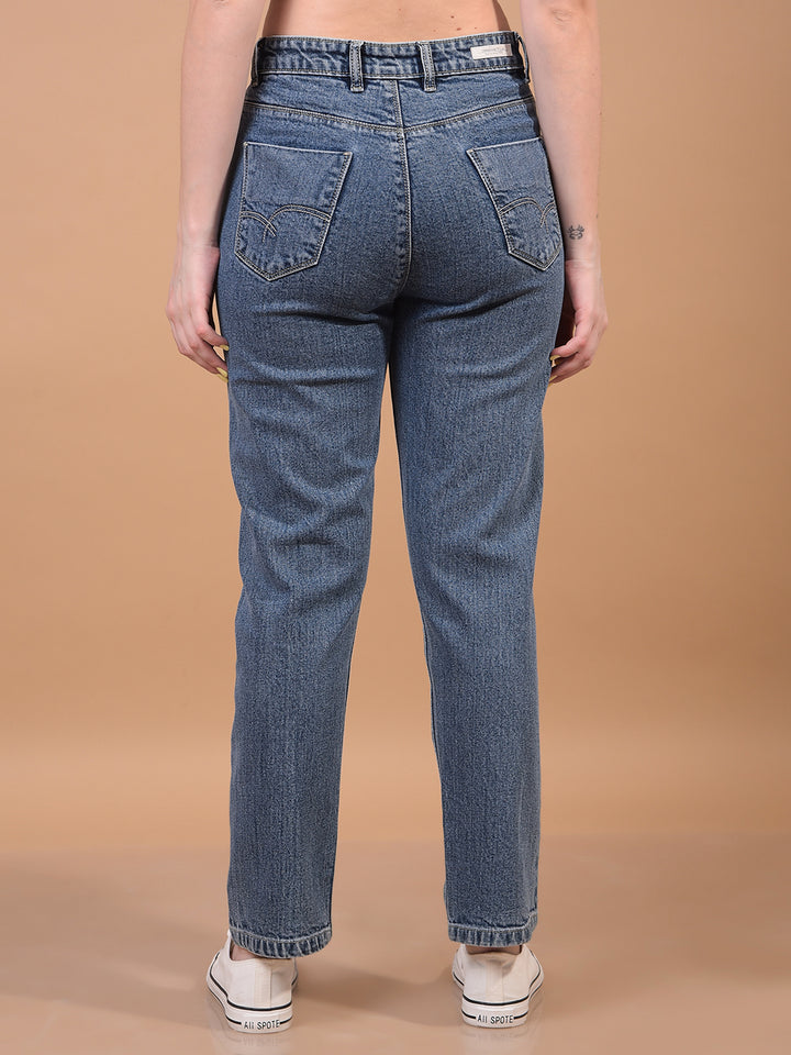 Women's Blue Straight Jeans-Women Jeans-Crimsoune Club