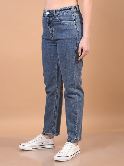 Women's Blue Straight Jeans-Women Jeans-Crimsoune Club