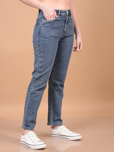 Women's Blue Straight Jeans-Women Jeans-Crimsoune Club