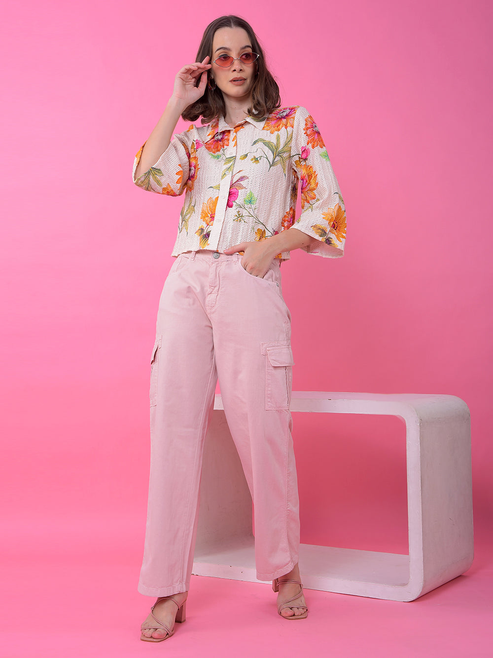 Playful Peach Cotton Cargo Baggy Jeans-Women Jeans-Crimsoune Club