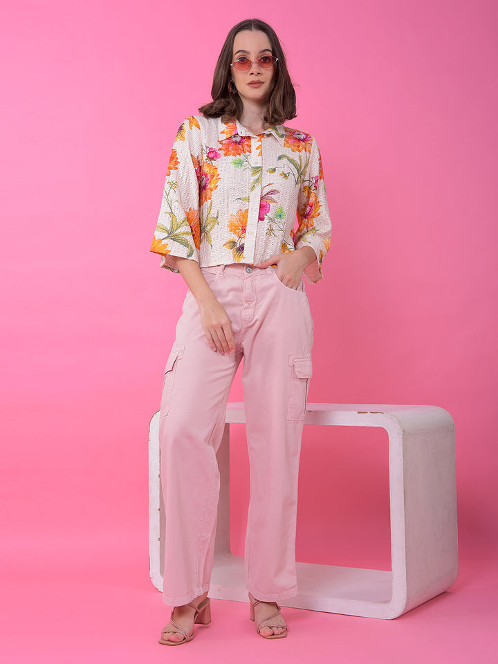 Playful Peach Cotton Cargo Baggy Jeans-Women Jeans-Crimsoune Club