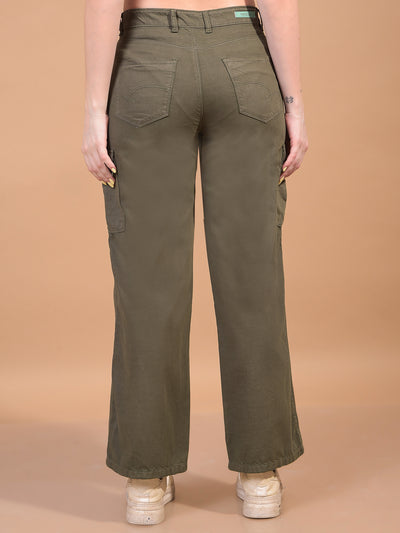 Women's Olive 100% Cotton Cargo Jeans-Women Jeans-Crimsoune Club