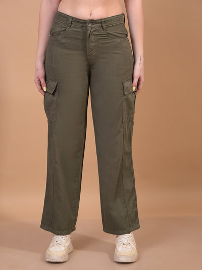 Women's Olive 100% Cotton Cargo Jeans-Women Jeans-Crimsoune Club