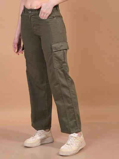 Women's Olive 100% Cotton Cargo Jeans-Women Jeans-Crimsoune Club