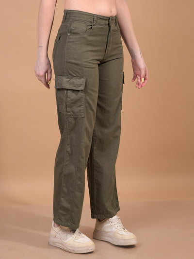 Women's Olive 100% Cotton Cargo Jeans-Women Jeans-Crimsoune Club