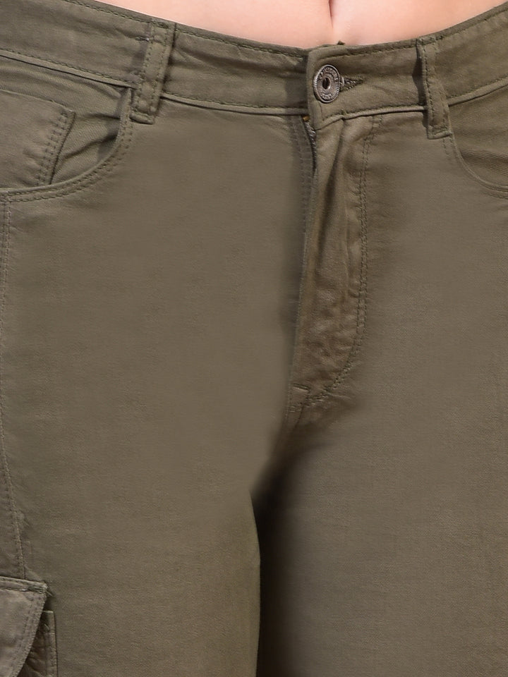 Women's Olive 100% Cotton Cargo Jeans-Women Jeans-Crimsoune Club