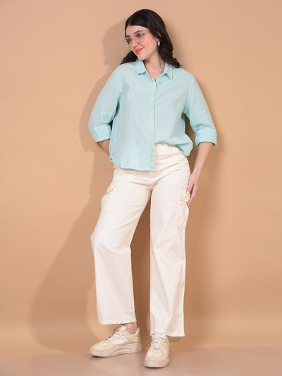 Women's White 100% Cotton Cargo Jeans-Women Jeans-Crimsoune Club