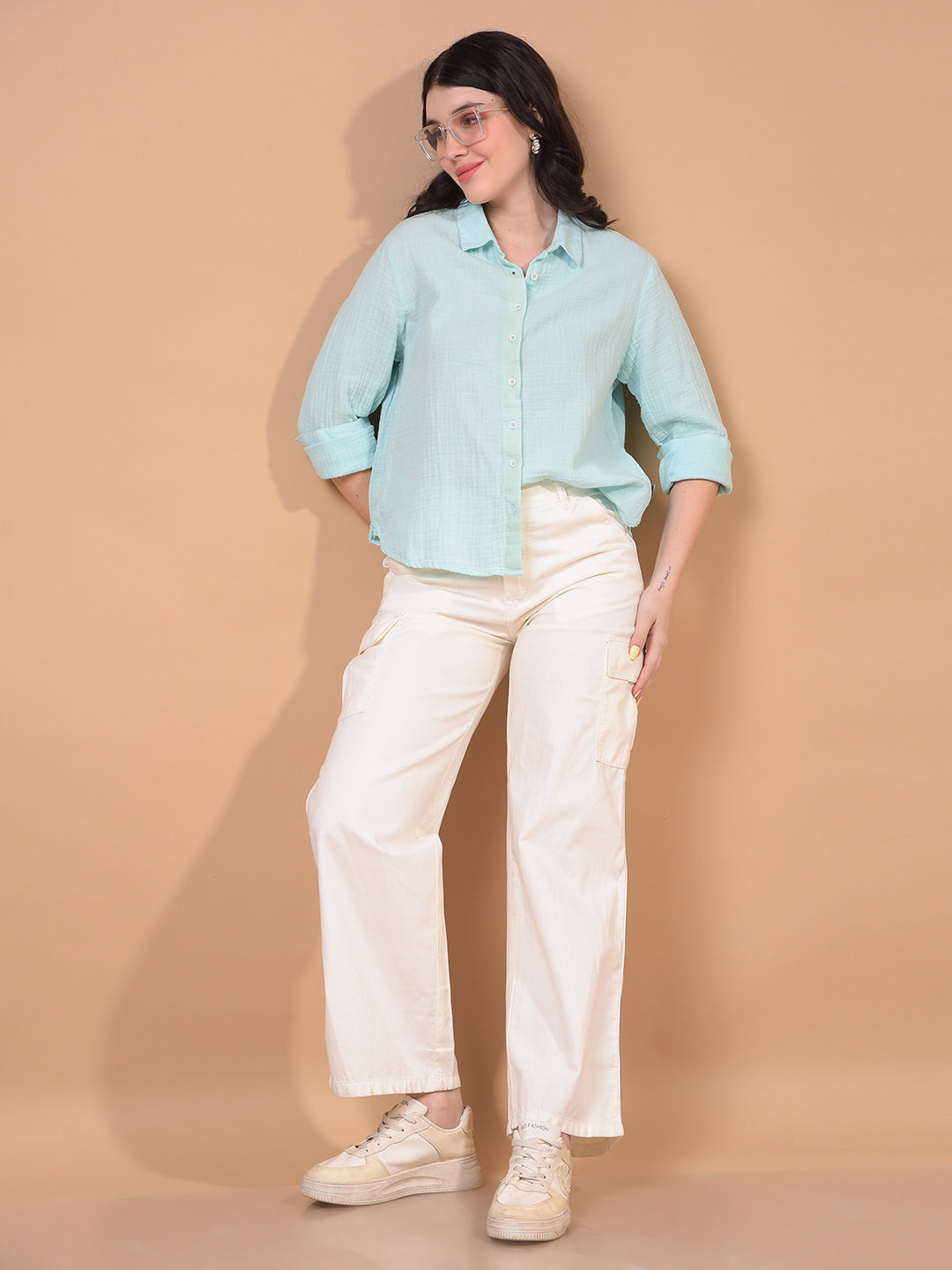 Women's White 100% Cotton Cargo Jeans-Women Jeans-Crimsoune Club