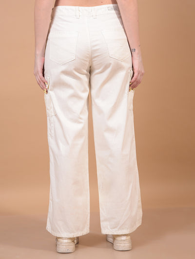 Women's White 100% Cotton Cargo Jeans-Women Jeans-Crimsoune Club