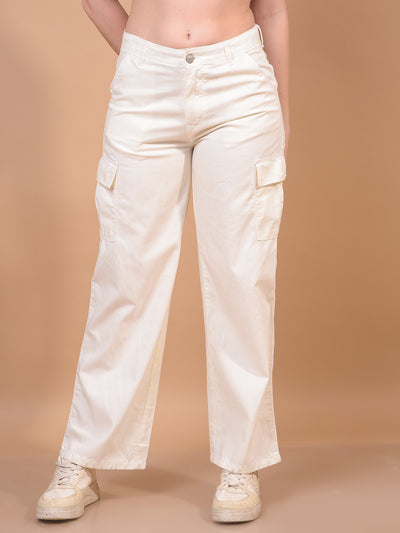 Women's White 100% Cotton Cargo Jeans-Women Jeans-Crimsoune Club