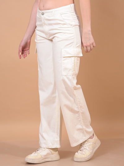 Women's White 100% Cotton Cargo Jeans-Women Jeans-Crimsoune Club
