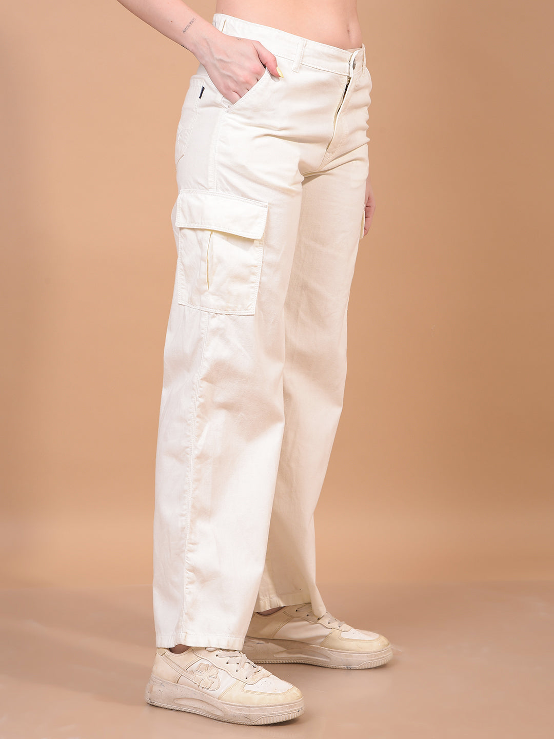 Women's White 100% Cotton Cargo Jeans-Women Jeans-Crimsoune Club