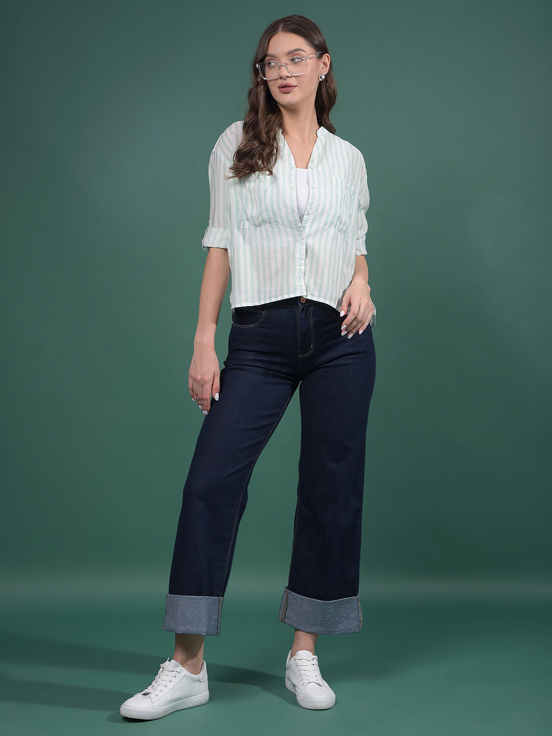 Navy Blue Wide-Leg Jeans-Women Jeans-Crimsoune Club