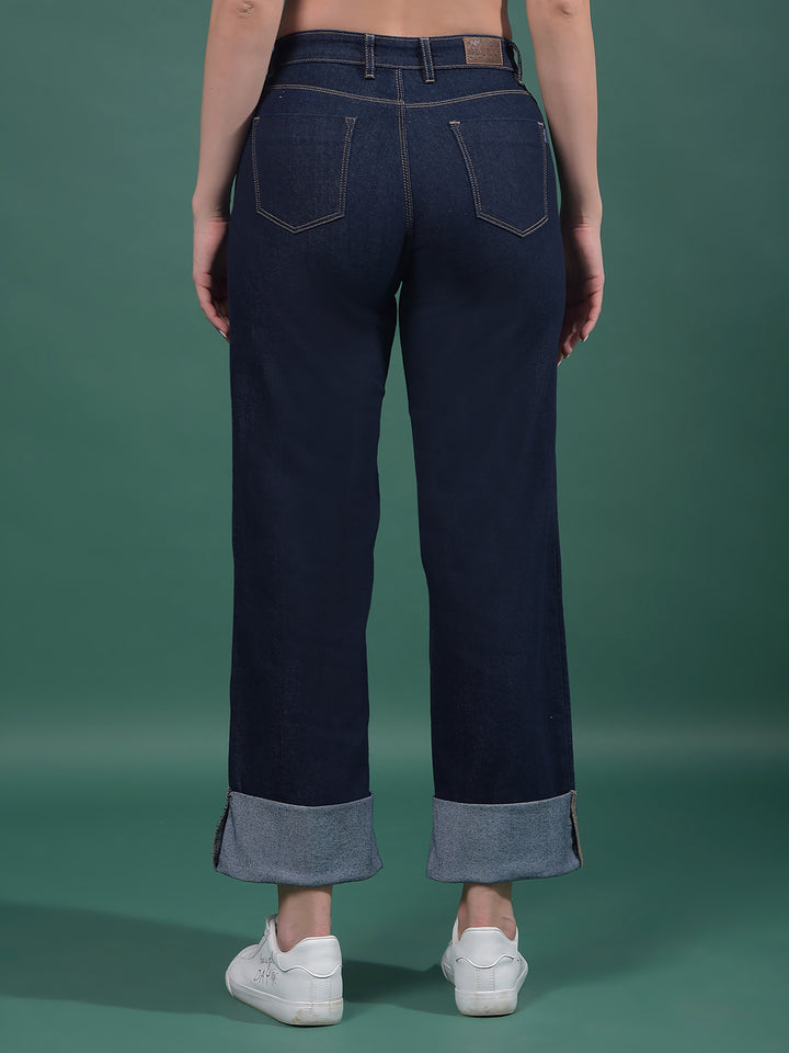 Navy Blue Wide-Leg Jeans-Women Jeans-Crimsoune Club