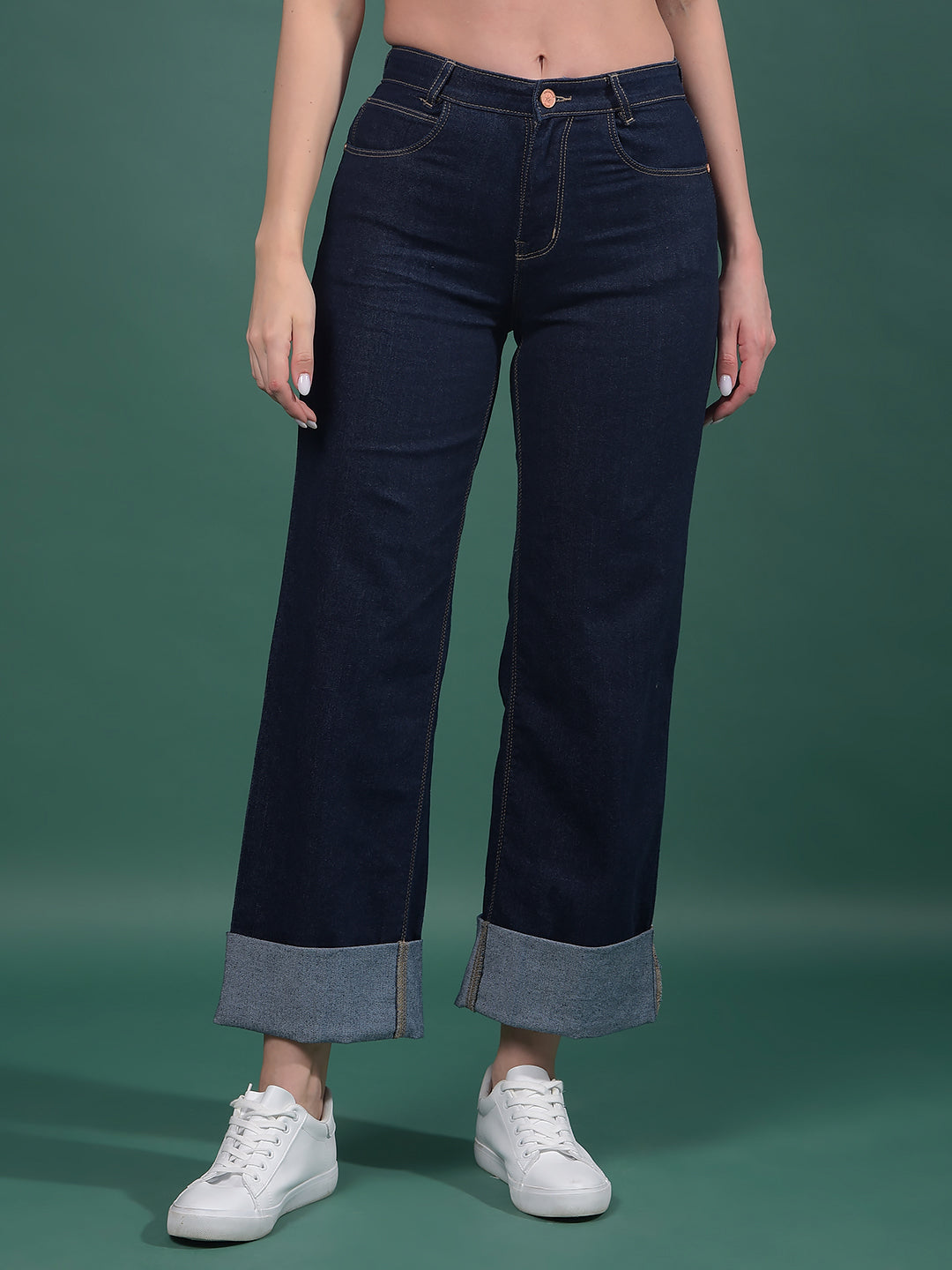 Navy Blue Wide-Leg Jeans-Women Jeans-Crimsoune Club
