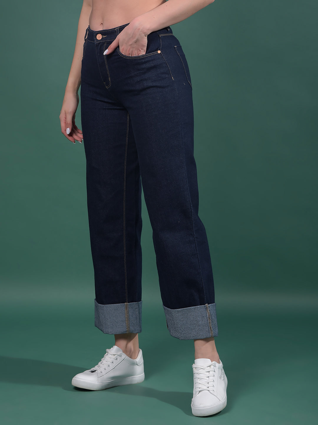 Navy Blue Wide-Leg Jeans-Women Jeans-Crimsoune Club