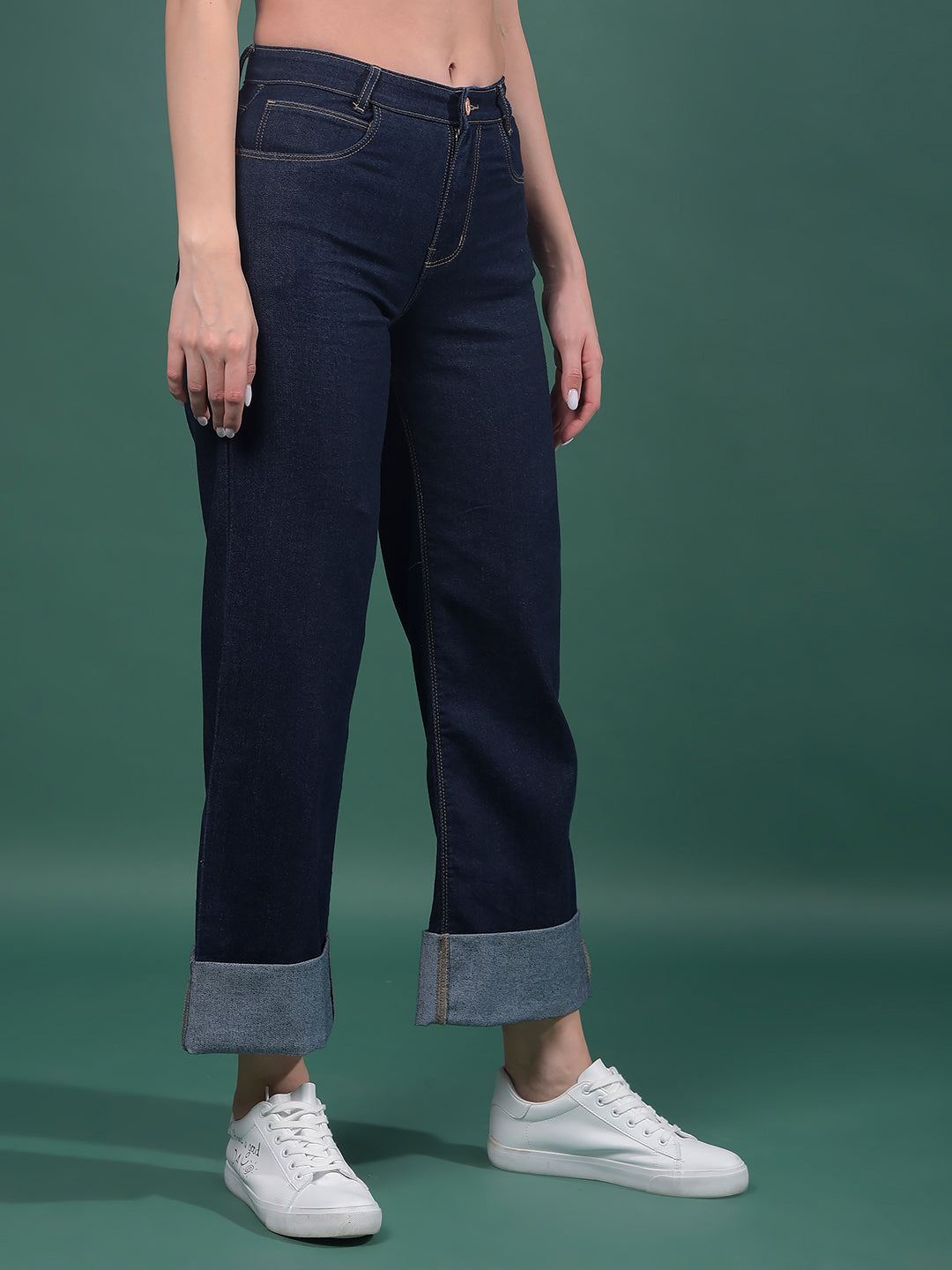 Navy Blue Wide-Leg Jeans-Women Jeans-Crimsoune Club