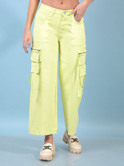 Women's Green Wide-Leg Cargo Jeans-Women Jeans-Crimsoune Club