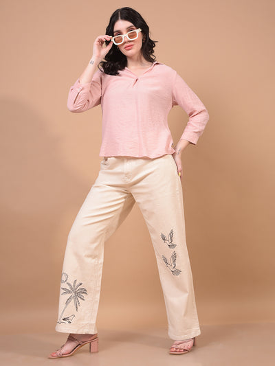 Women's Beige Embroidered Wide-Leg Jeans-Women Jeans-Crimsoune Club
