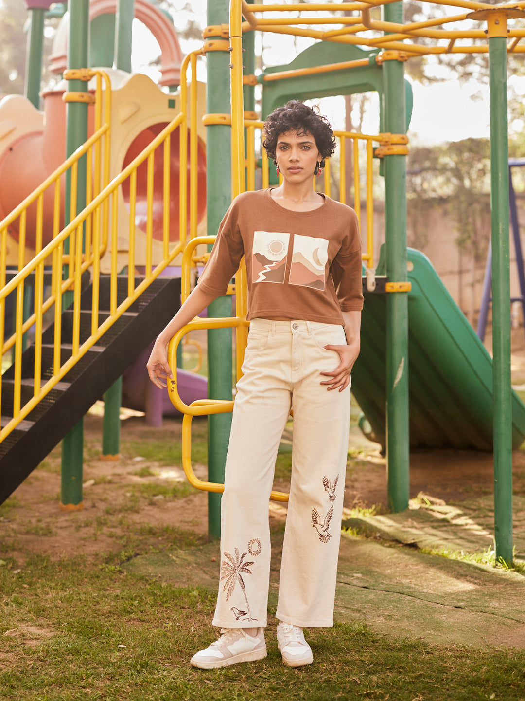 Beige Embroidered Wide-Leg Jeans-Women Jeans-Crimsoune Club