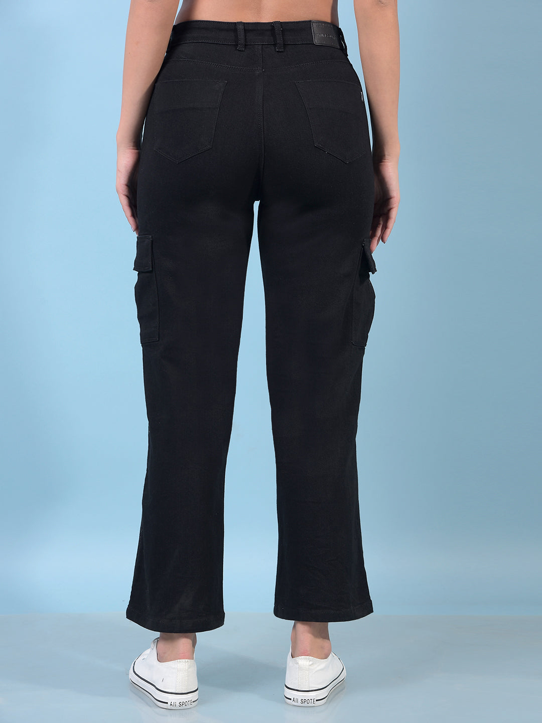Women's Black Wide-Leg Cargo Jeans-Women Jeans-Crimsoune Club