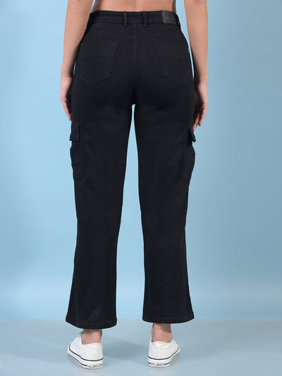 Women's Black Wide-Leg Cargo Jeans-Women Jeans-Crimsoune Club