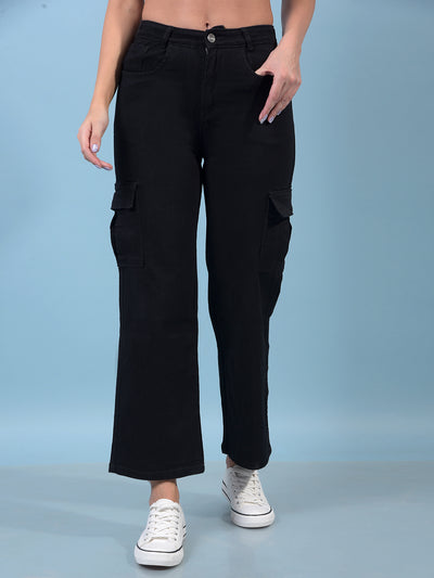 Women's Black Wide-Leg Cargo Jeans-Women Jeans-Crimsoune Club