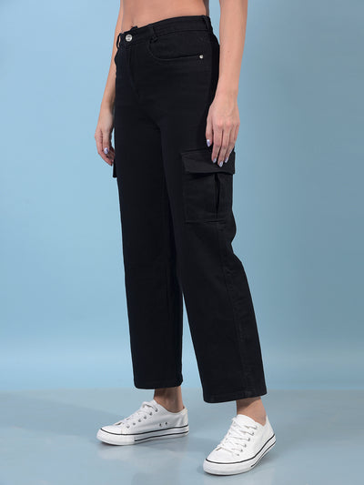Women's Black Wide-Leg Cargo Jeans-Women Jeans-Crimsoune Club