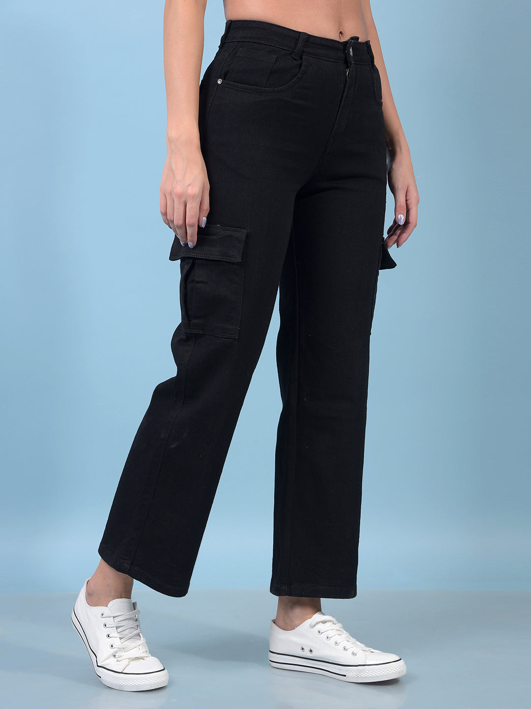 Women's Black Wide-Leg Cargo Jeans-Women Jeans-Crimsoune Club