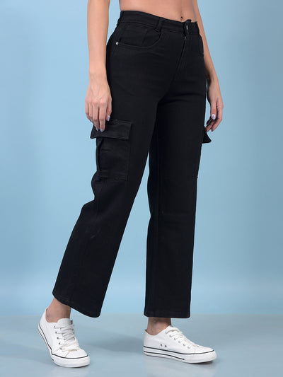 Women's Black Wide-Leg Cargo Jeans-Women Jeans-Crimsoune Club