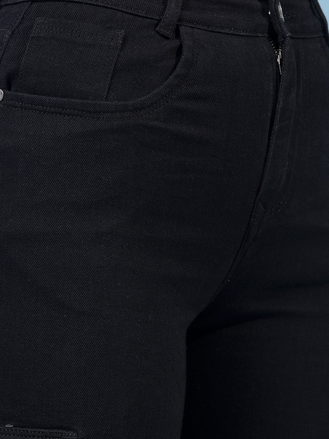 Women's Black Wide-Leg Cargo Jeans-Women Jeans-Crimsoune Club