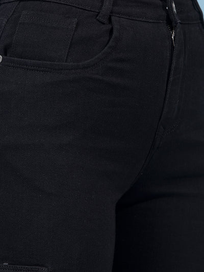 Women's Black Wide-Leg Cargo Jeans-Women Jeans-Crimsoune Club