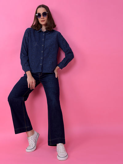Flowy Navy Blue Wide-Leg Cotton Jeans-Women Jeans-Crimsoune Club