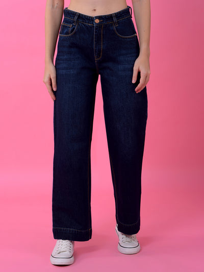 Flowy Navy Blue Wide-Leg Cotton Jeans-Women Jeans-Crimsoune Club
