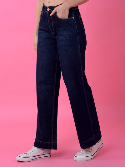 Flowy Navy Blue Wide-Leg Cotton Jeans-Women Jeans-Crimsoune Club