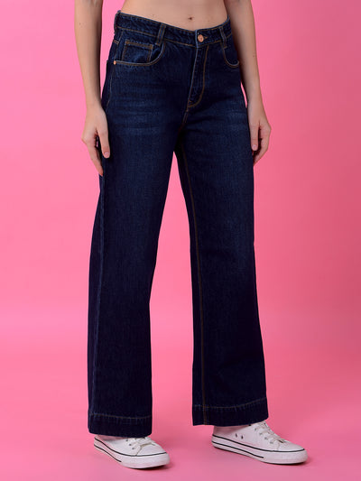 Flowy Navy Blue Wide-Leg Cotton Jeans-Women Jeans-Crimsoune Club