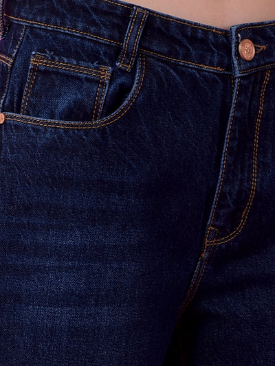 Flowy Navy Blue Wide-Leg Cotton Jeans-Women Jeans-Crimsoune Club