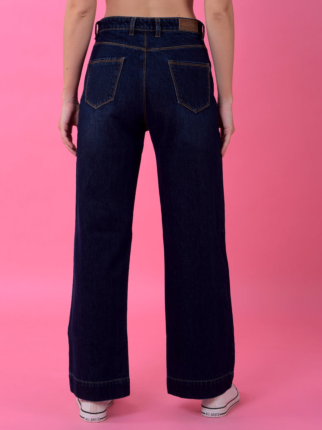 Flowy Navy Blue Wide-Leg Cotton Jeans-Women Jeans-Crimsoune Club
