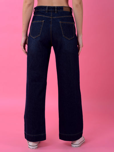 Flowy Navy Blue Wide-Leg Cotton Jeans-Women Jeans-Crimsoune Club
