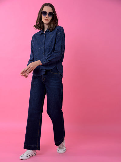 Flowy Navy Blue Wide-Leg Cotton Jeans-Women Jeans-Crimsoune Club