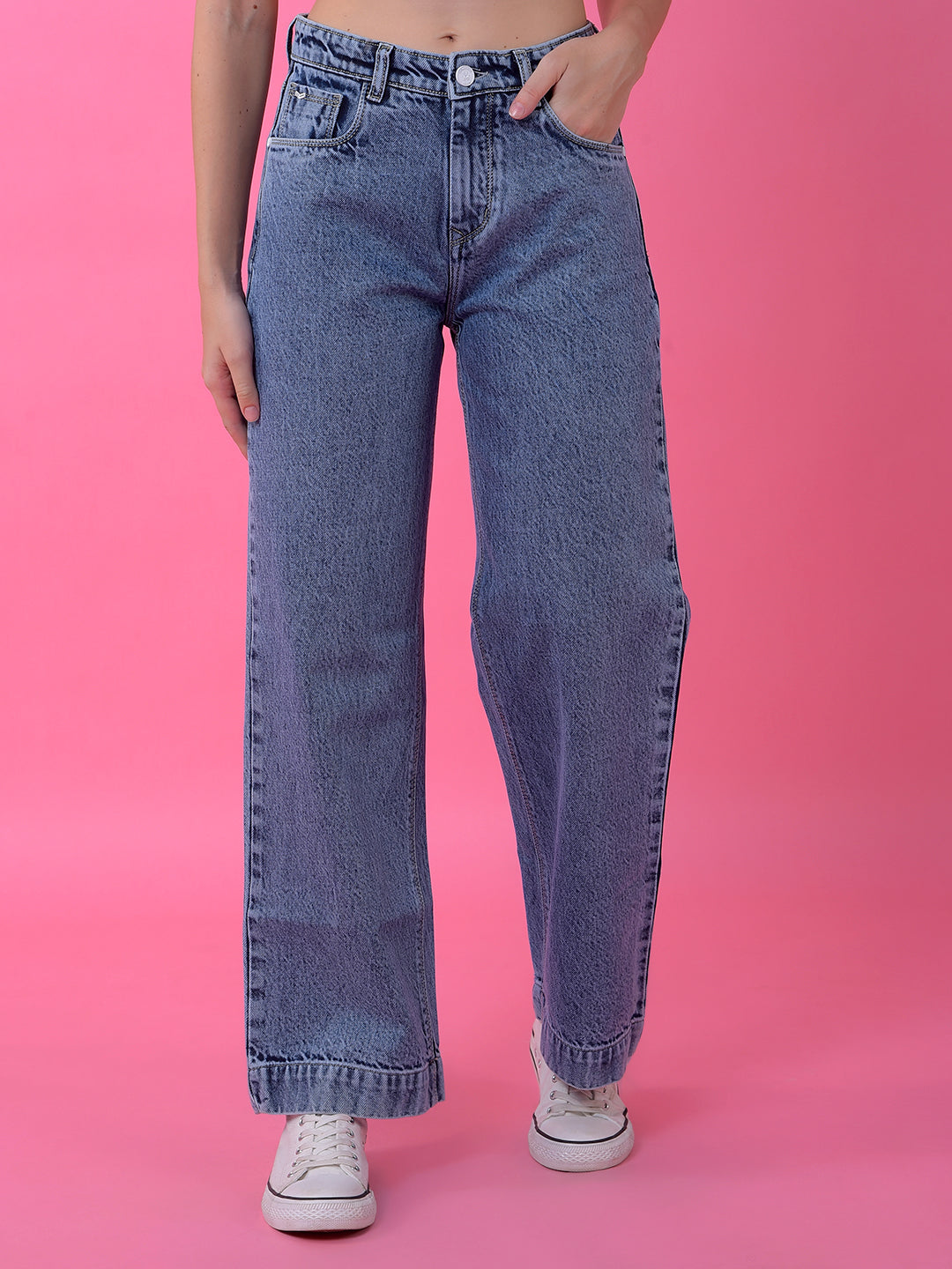 Breezy Blue Wide-Leg Cotton Jeans-Women Jeans-Crimsoune Club