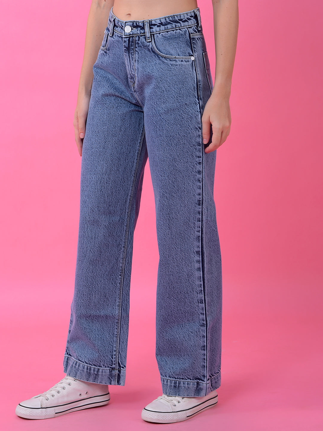 Breezy Blue Wide-Leg Cotton Jeans-Women Jeans-Crimsoune Club