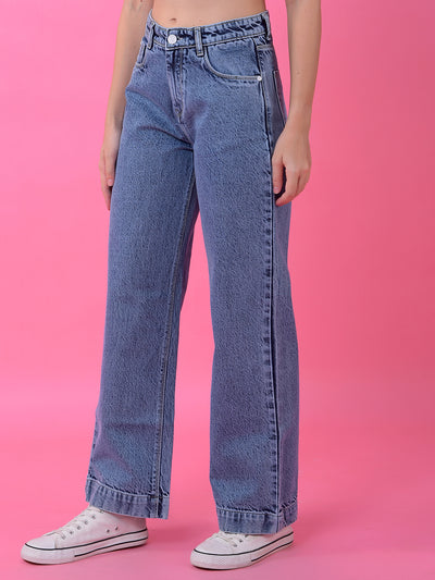 Breezy Blue Wide-Leg Cotton Jeans-Women Jeans-Crimsoune Club