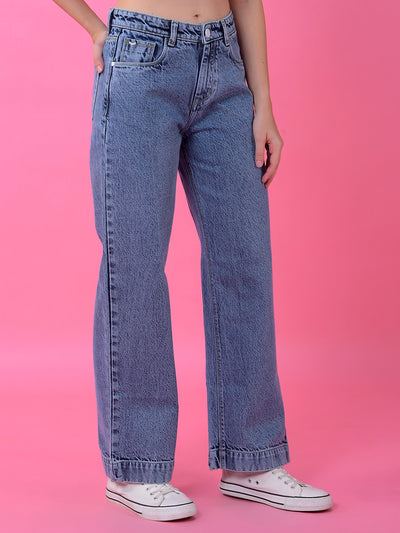 Breezy Blue Wide-Leg Cotton Jeans-Women Jeans-Crimsoune Club