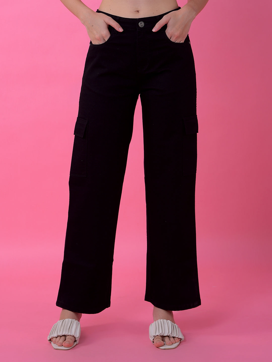 Edgy Black Wide-Leg Cargo Jeans-Women Jeans-Crimsoune Club